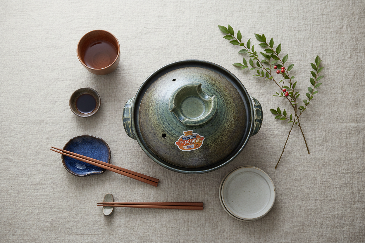 Banko Yaki donabe flat lay with Japanese dining elements
