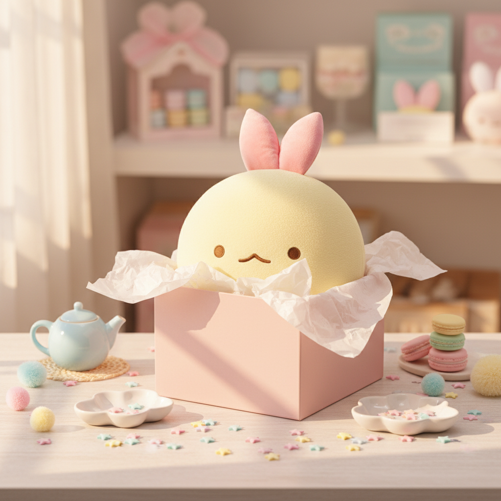 Ebiten's Tail cushion plush in a pastel pink gift box with tissue paper and star confetti