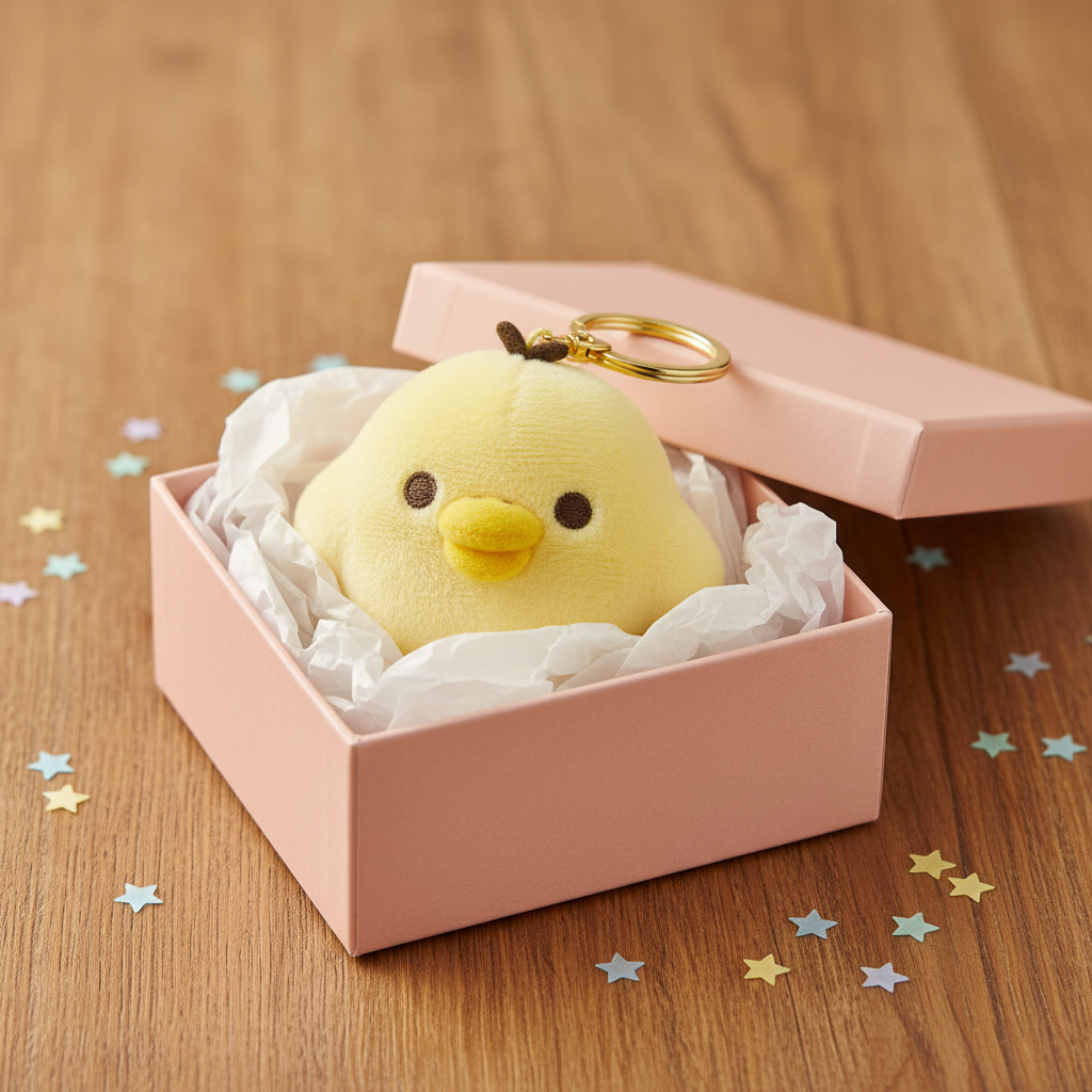 Kiiroitori keychain charm in a pastel pink gift box with white tissue paper and star confetti