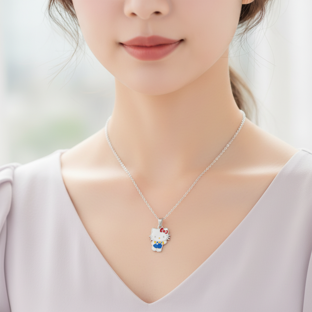 Hello Kitty full body pendant necklace worn, neckline focus, Japanese styling