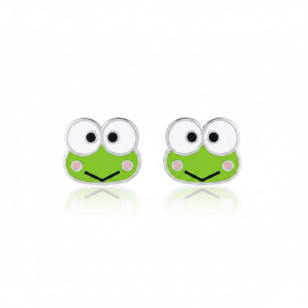 Keroppi frog stud earrings on white background