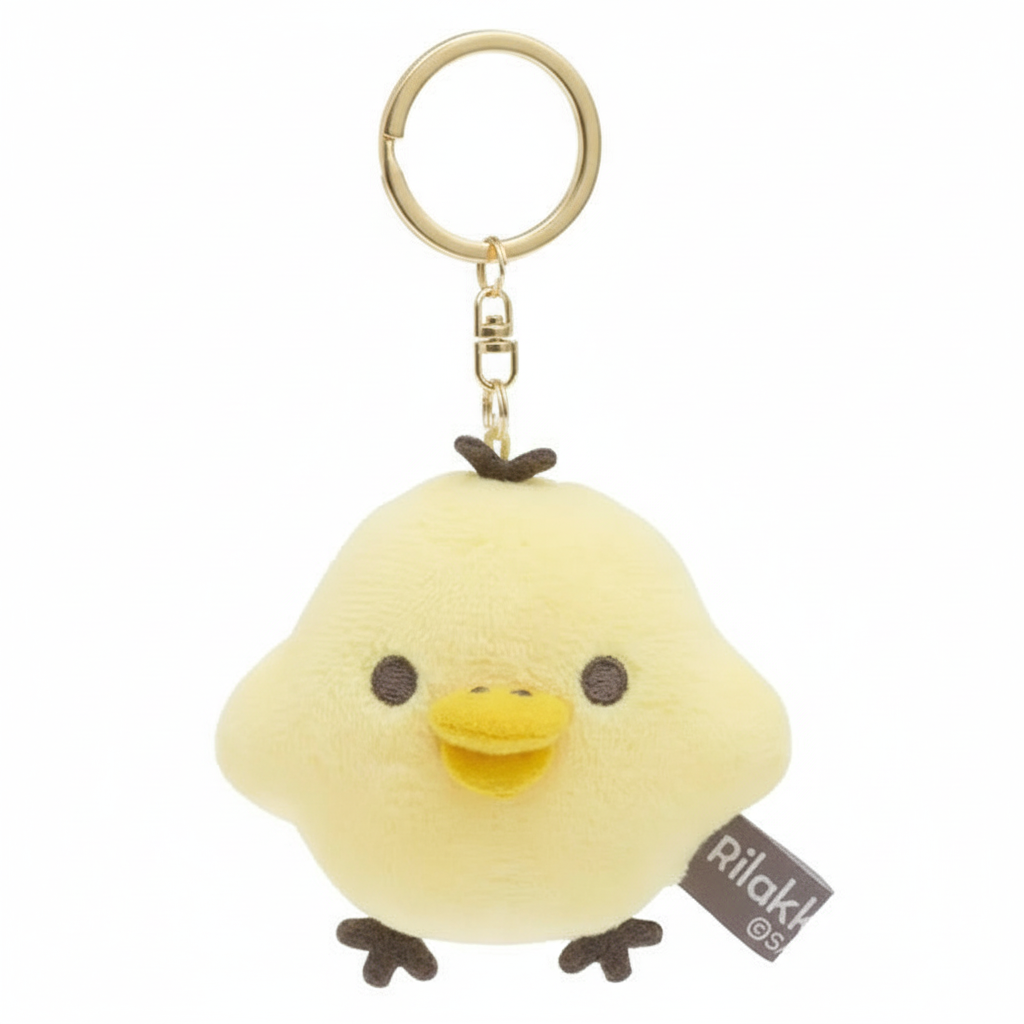Kiiroitori Rilakkuma keychain plush on clean white background studio shot