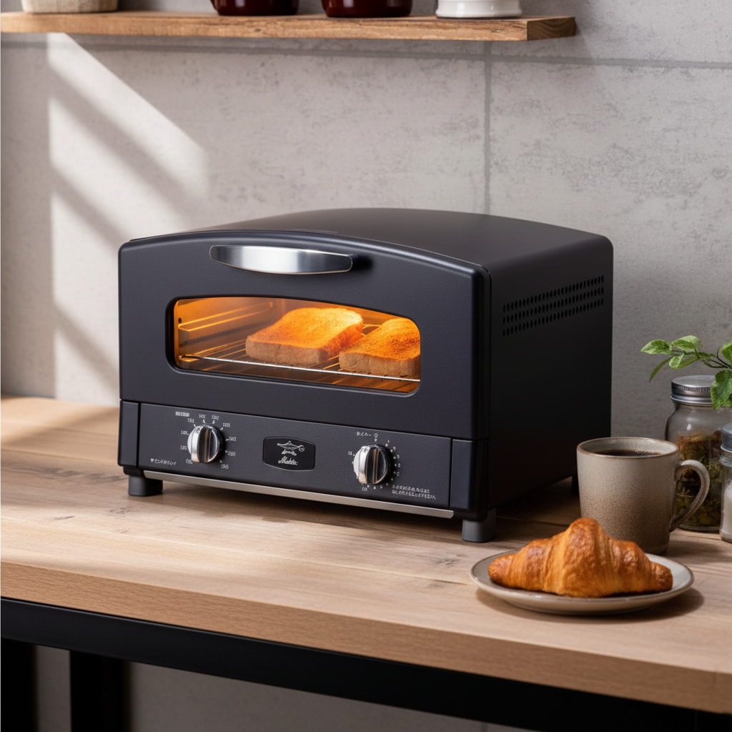 Sengoku black toaster oven on kitchen countertop with toast and coffee