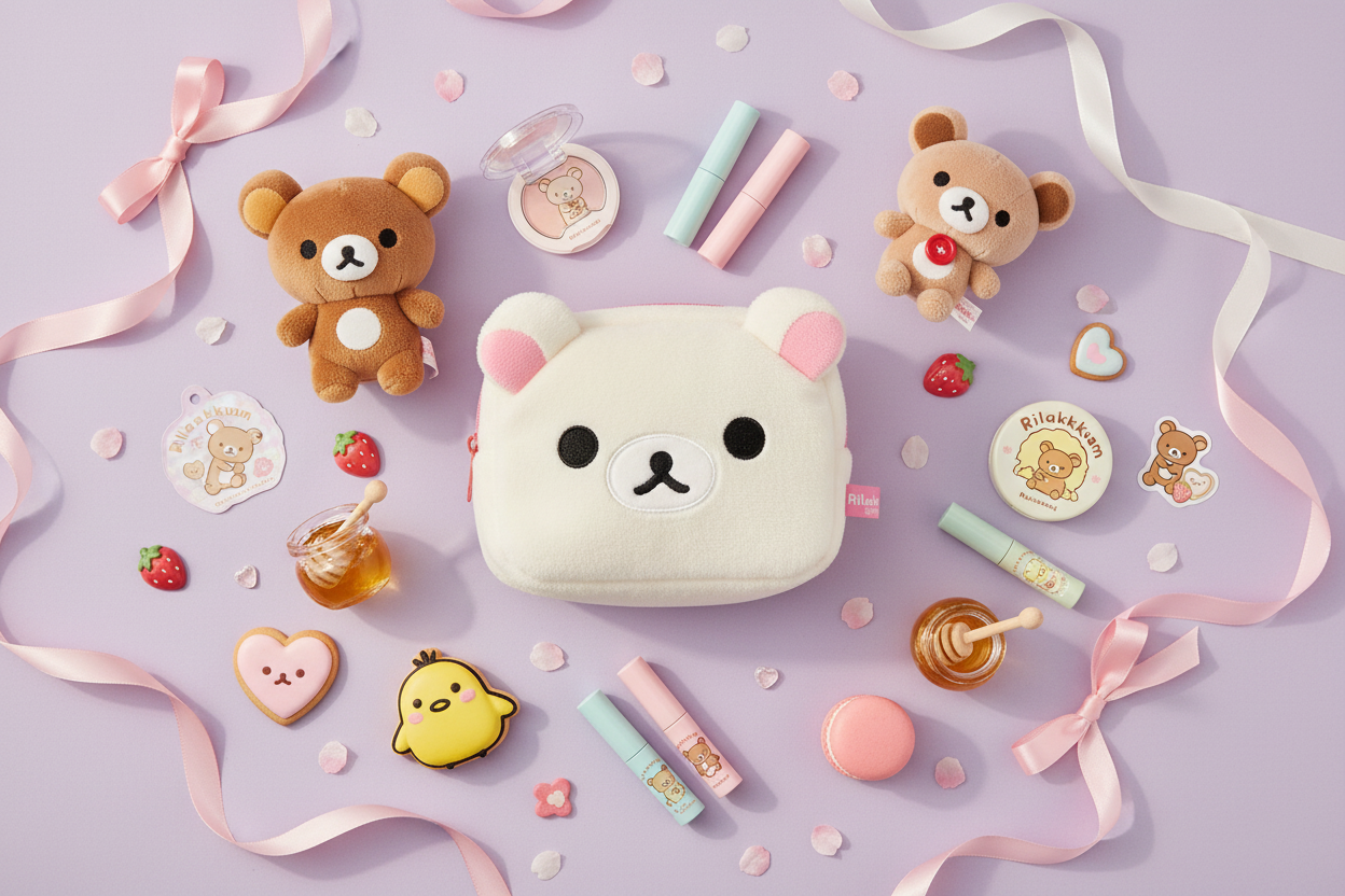 Korilakkuma plush multi case flat lay with Rilakkuma characters and sweet accessories