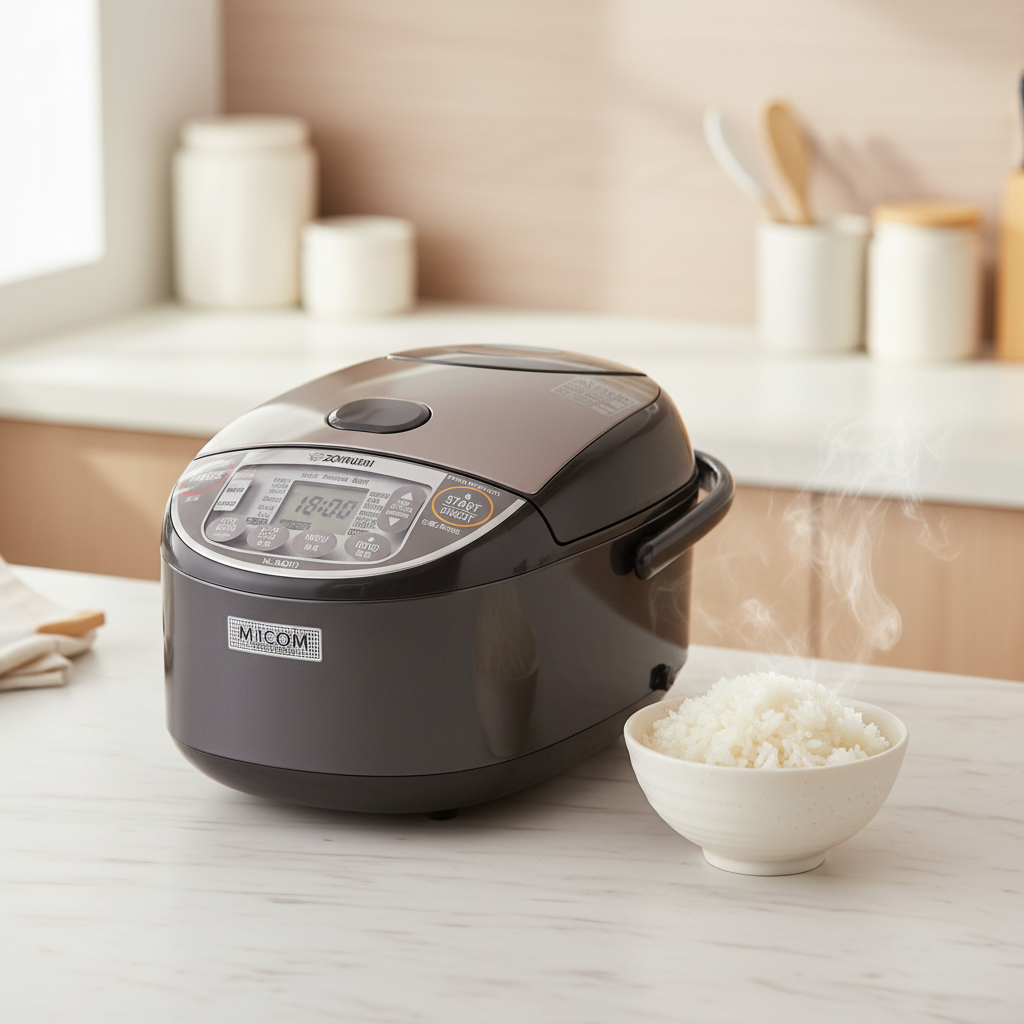 Zojirushi NL-GAQ10 rice cooker on a modern Japanese kitchen countertop with fluffy steaming rice
