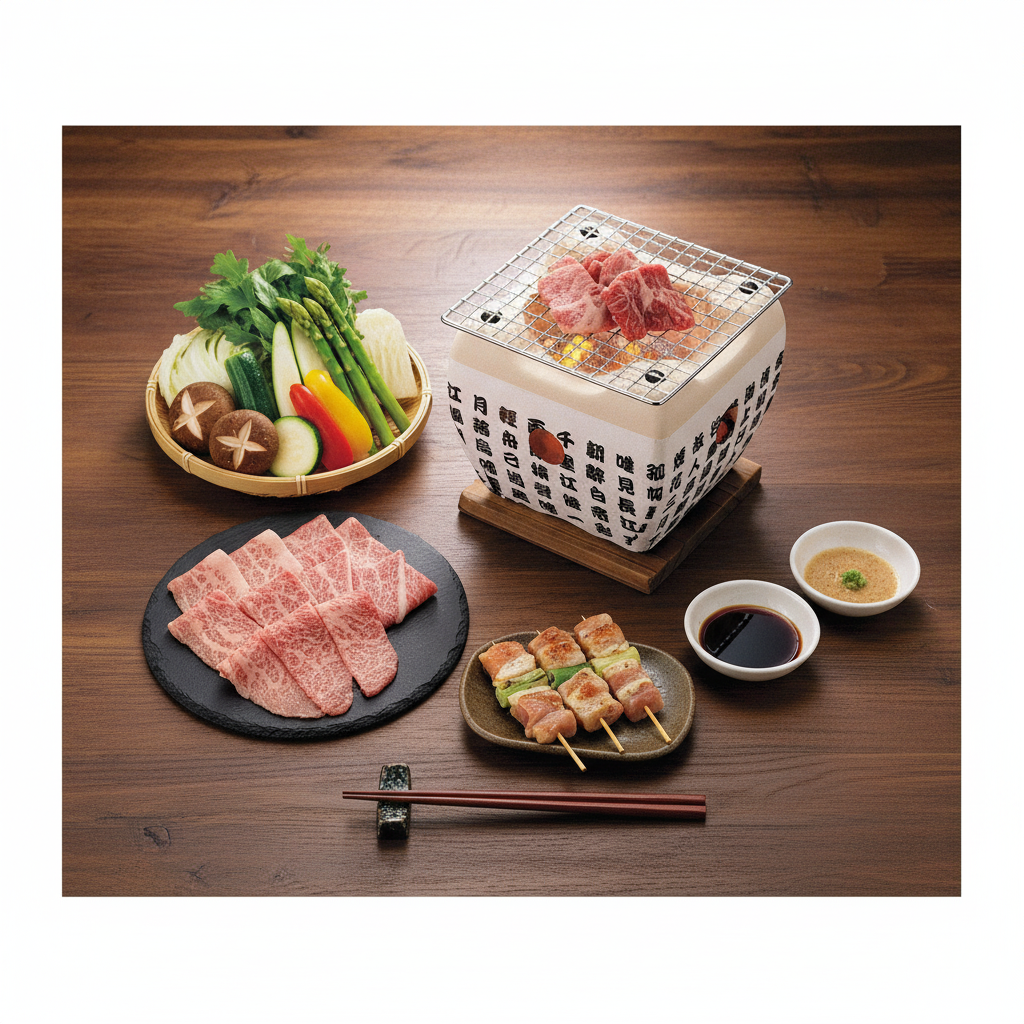 HIDA KONRO hibachi flat lay with yakiniku ingredients