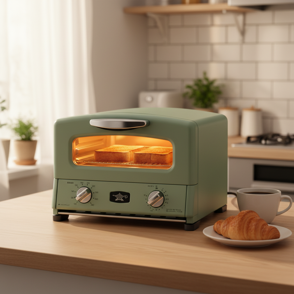 Sengoku green toaster oven on kitchen countertop with toast and coffee