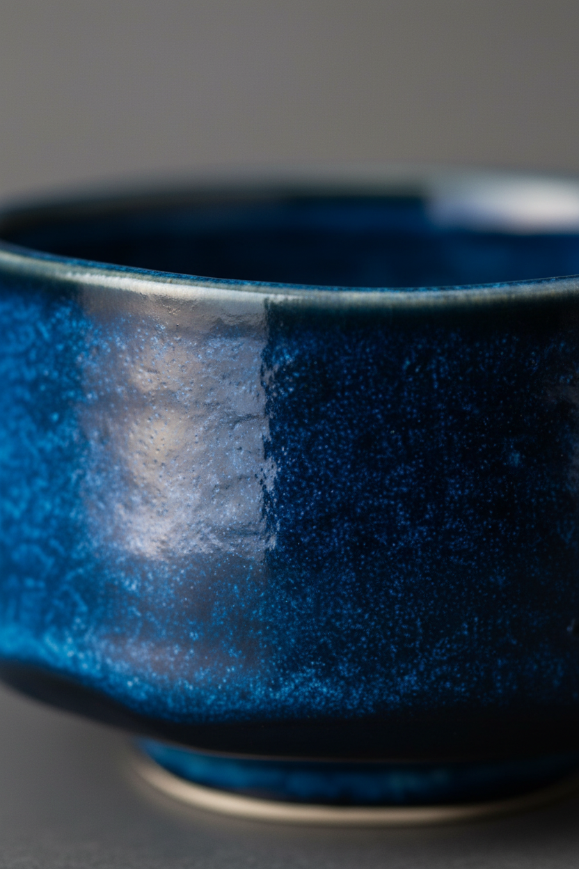Close-up detail of Kinyou navy blue glaze on ceramic bowl