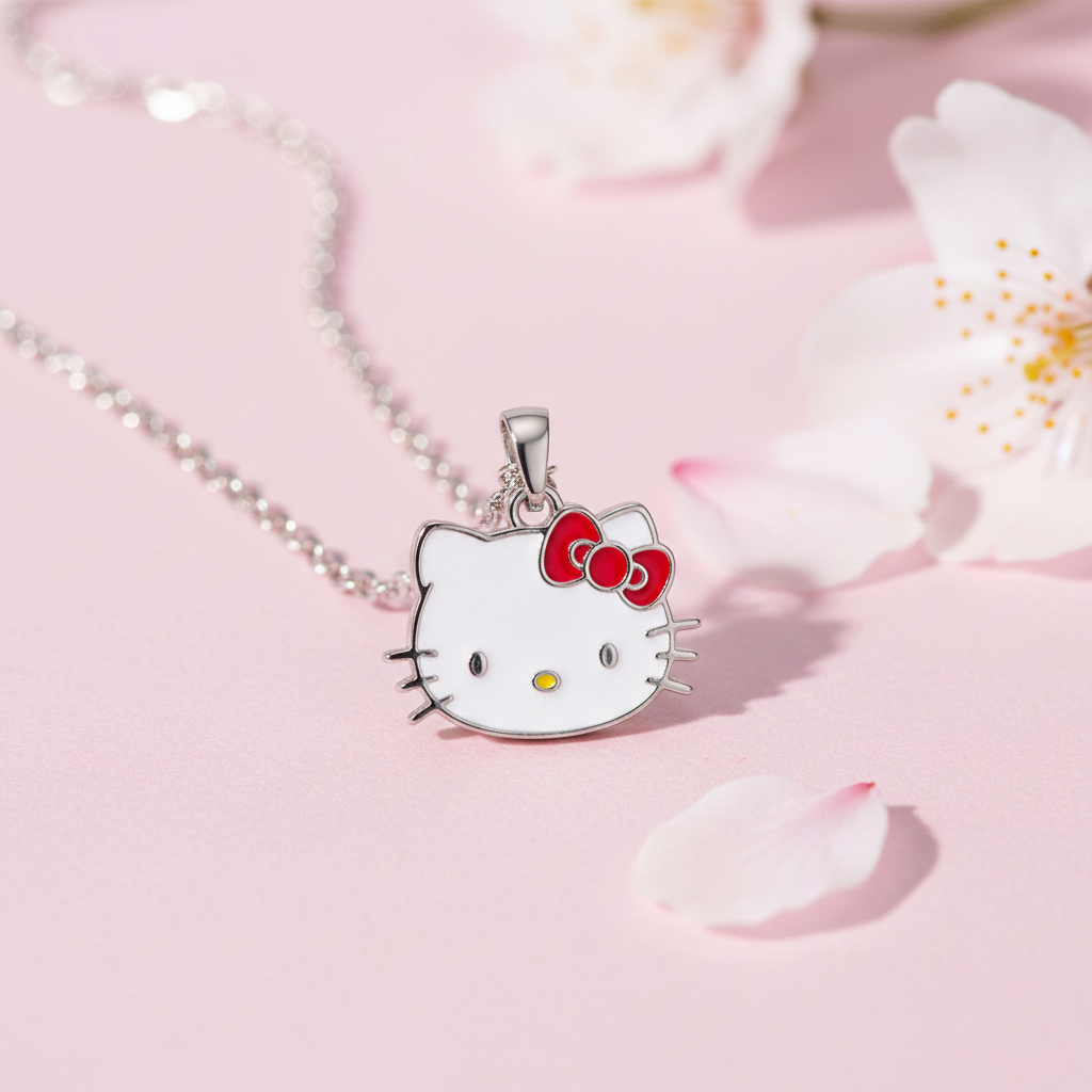Silver Hello Kitty face pendant close-up with cherry blossoms