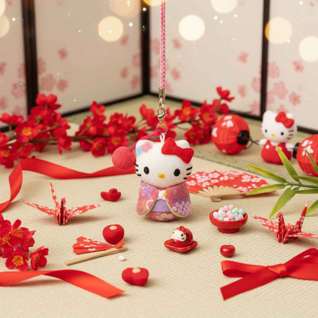 Sanrio Hello Kitty Japanese Doll Chirimen Netsuke Keychain (Crepe Pattern / Hand Drum)