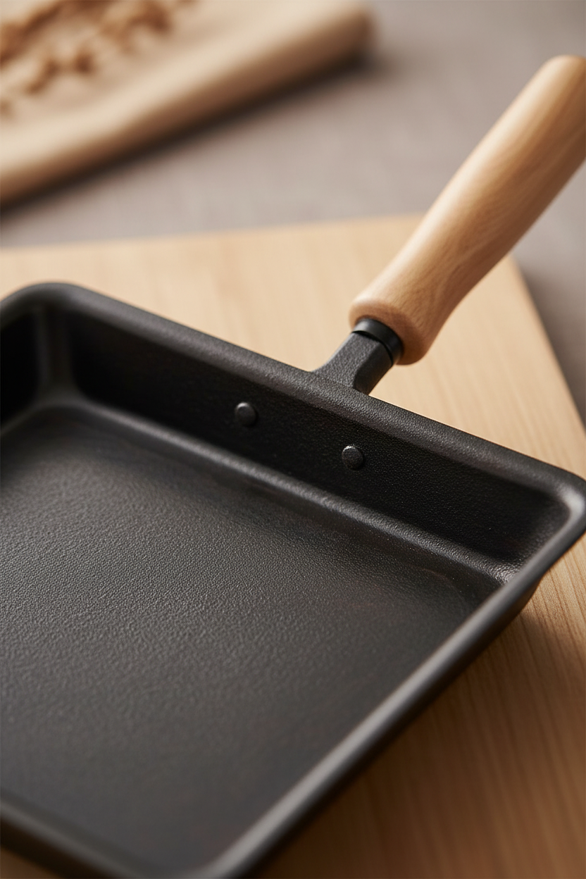 Close-up detail of iron cooking surface and wooden handle craftsmanship