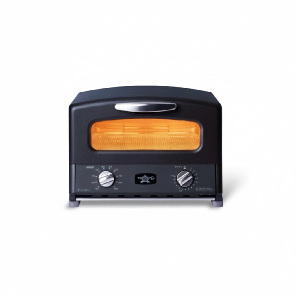 Sengoku black toaster oven on pure white background with interior glow