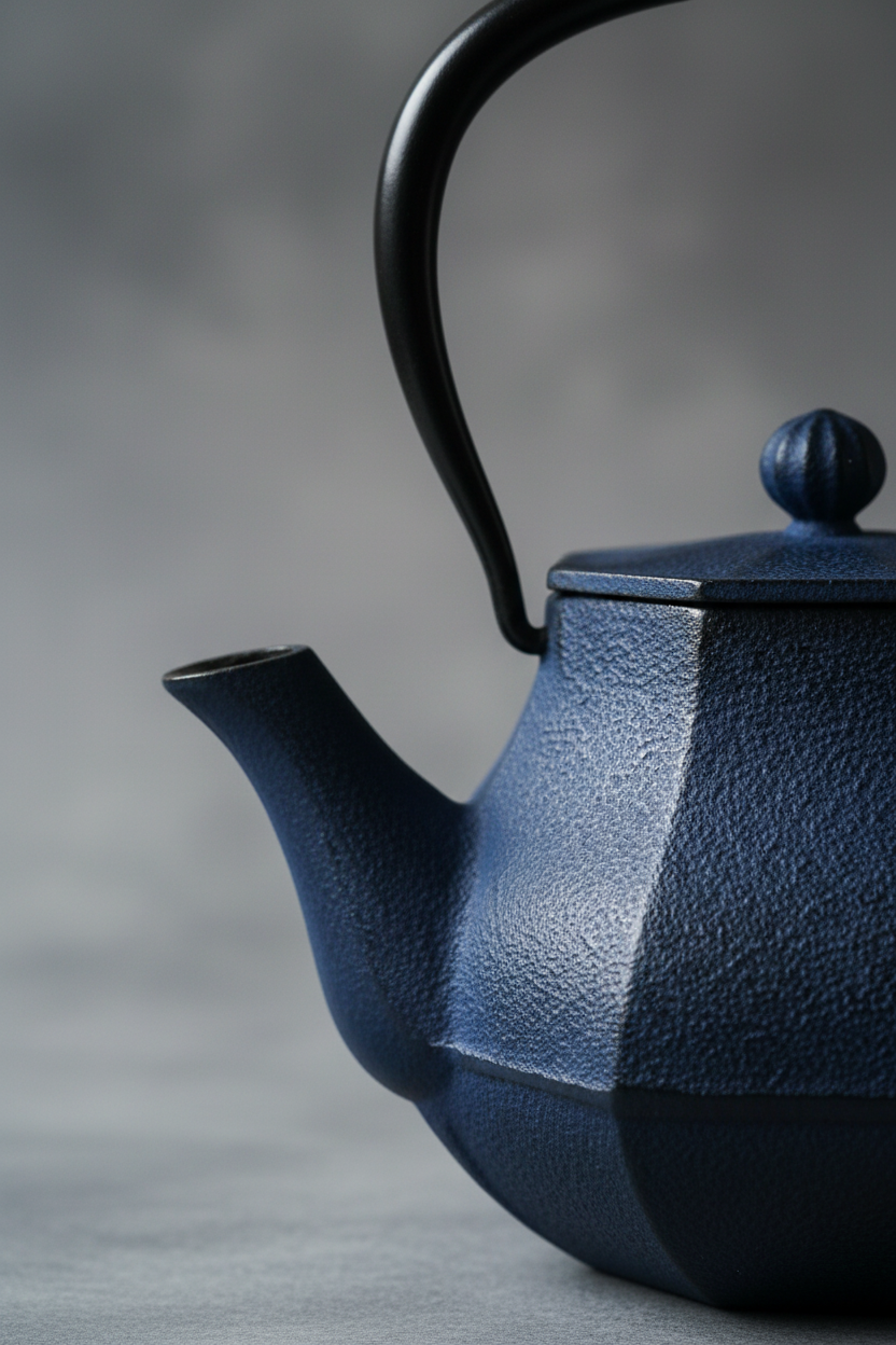 Close-up detail of Nambu Tekki octagonal cast iron craftsmanship