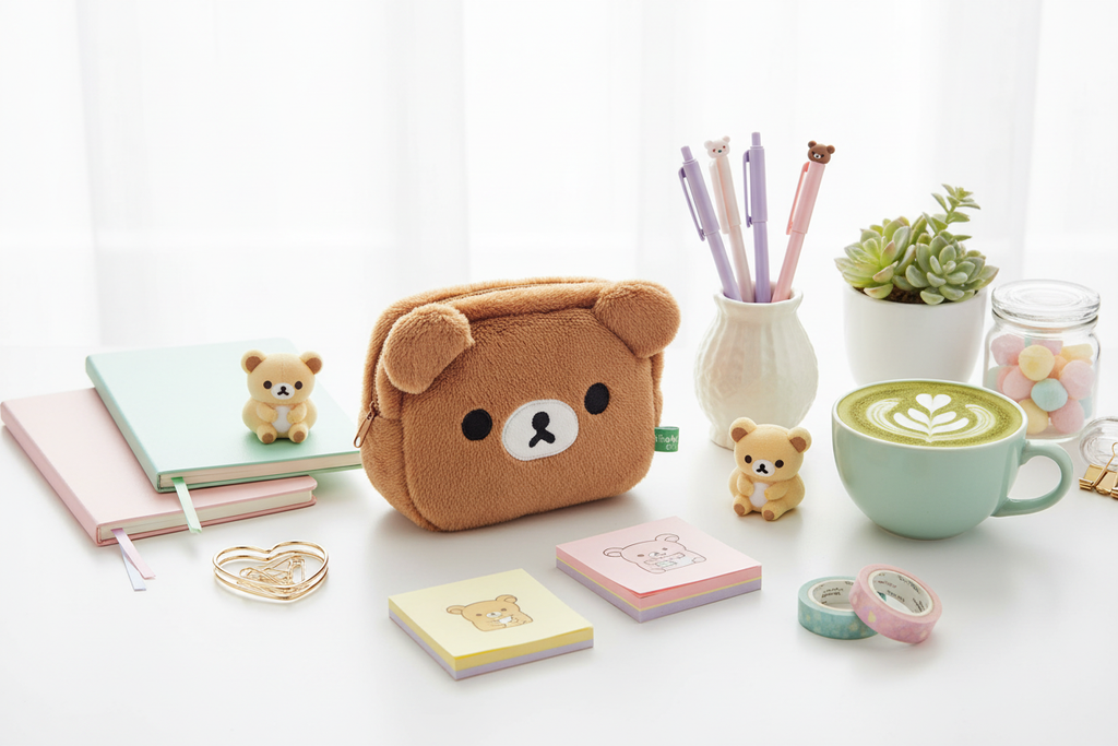 Chairoikoguma plush case on white desk with pastel kawaii stationery