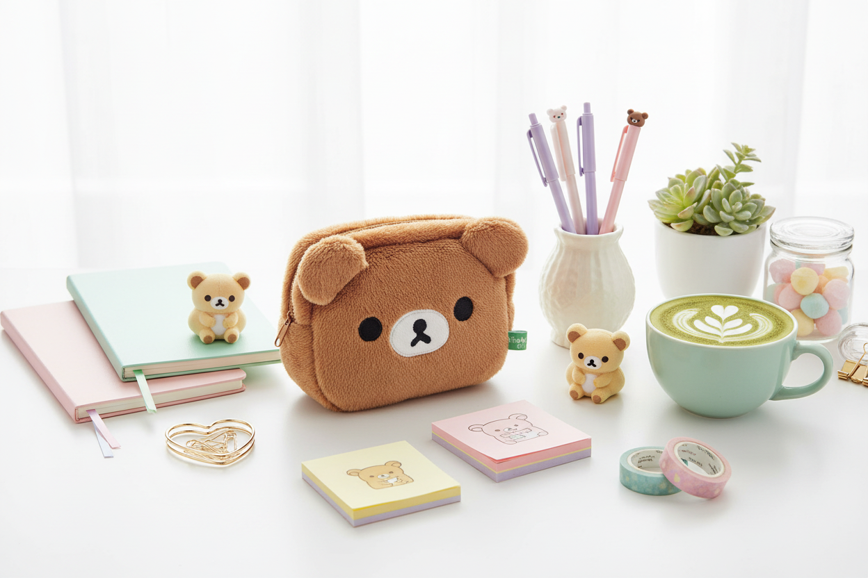 Chairoikoguma plush case on white desk with pastel kawaii stationery