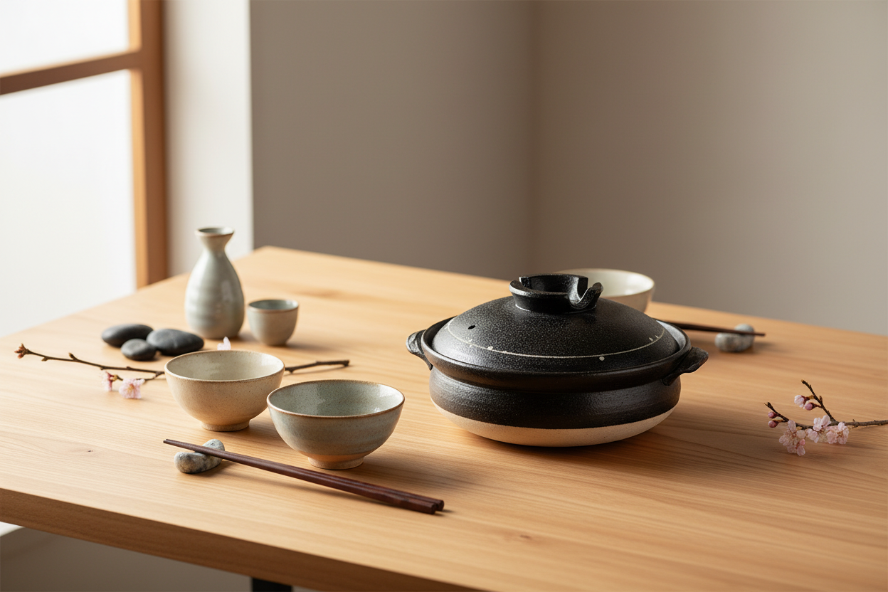 Banko Yaki Kokuyu Line donabe on dining table lifestyle