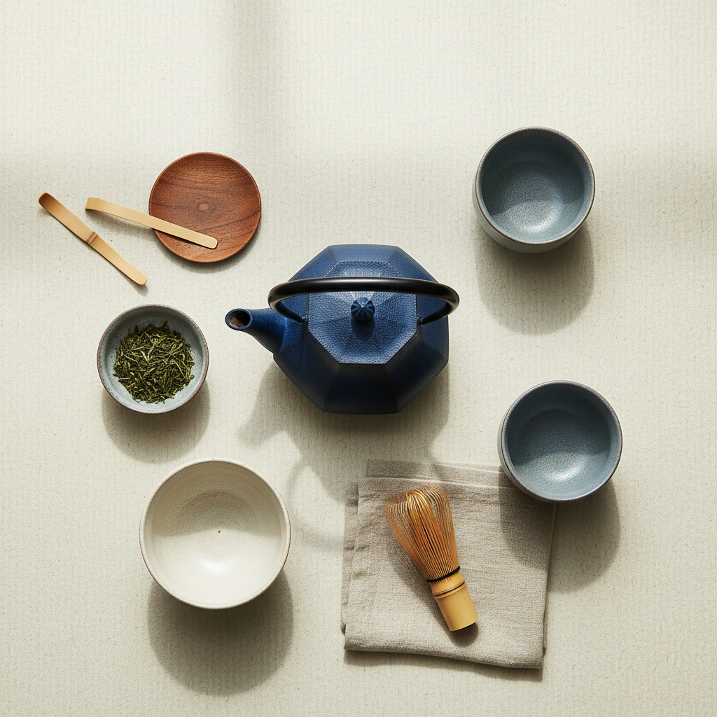 Blue cast iron kettle flat lay with tea ceremony accessories