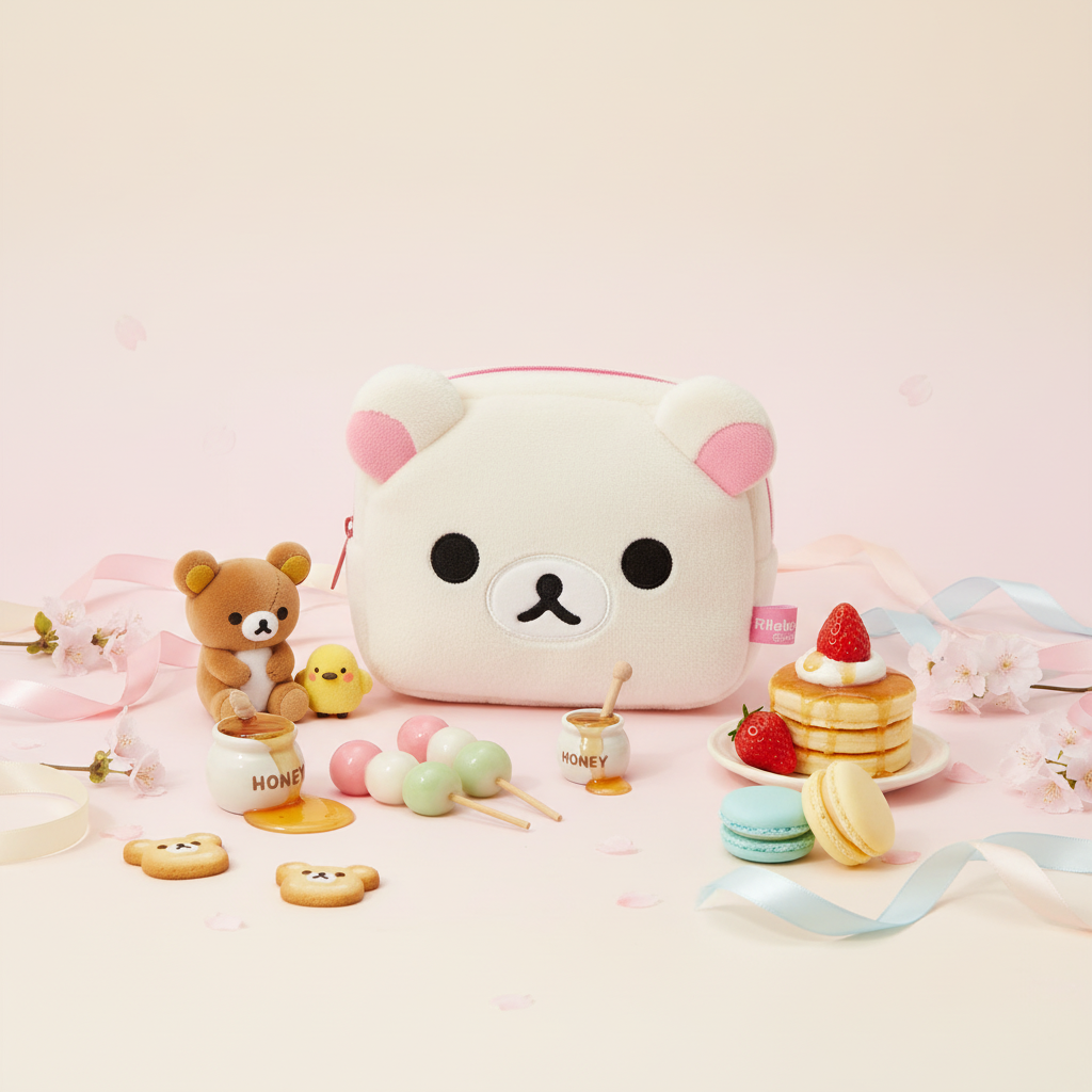 Korilakkuma plush multi case with sweet Rilakkuma props on pastel background