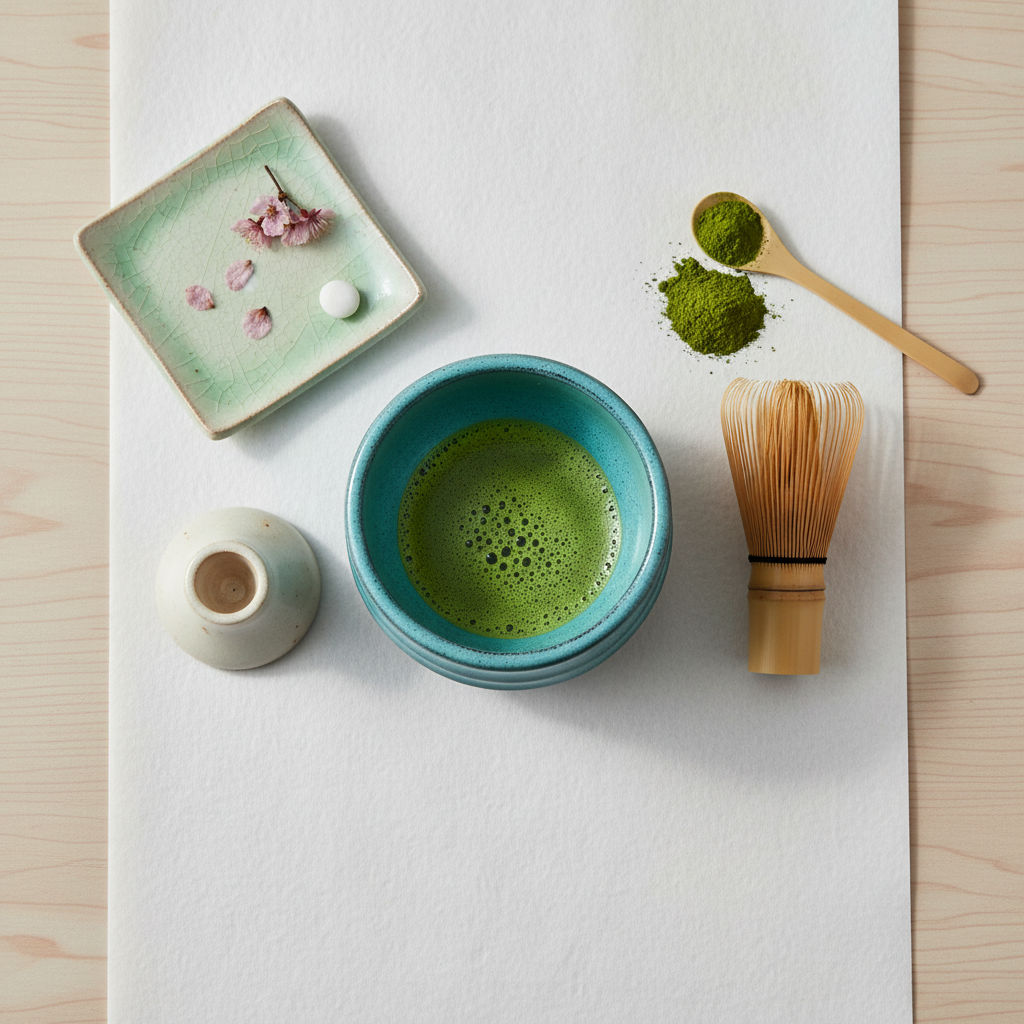 Matcha bowl flat lay with tea accessories overhead view