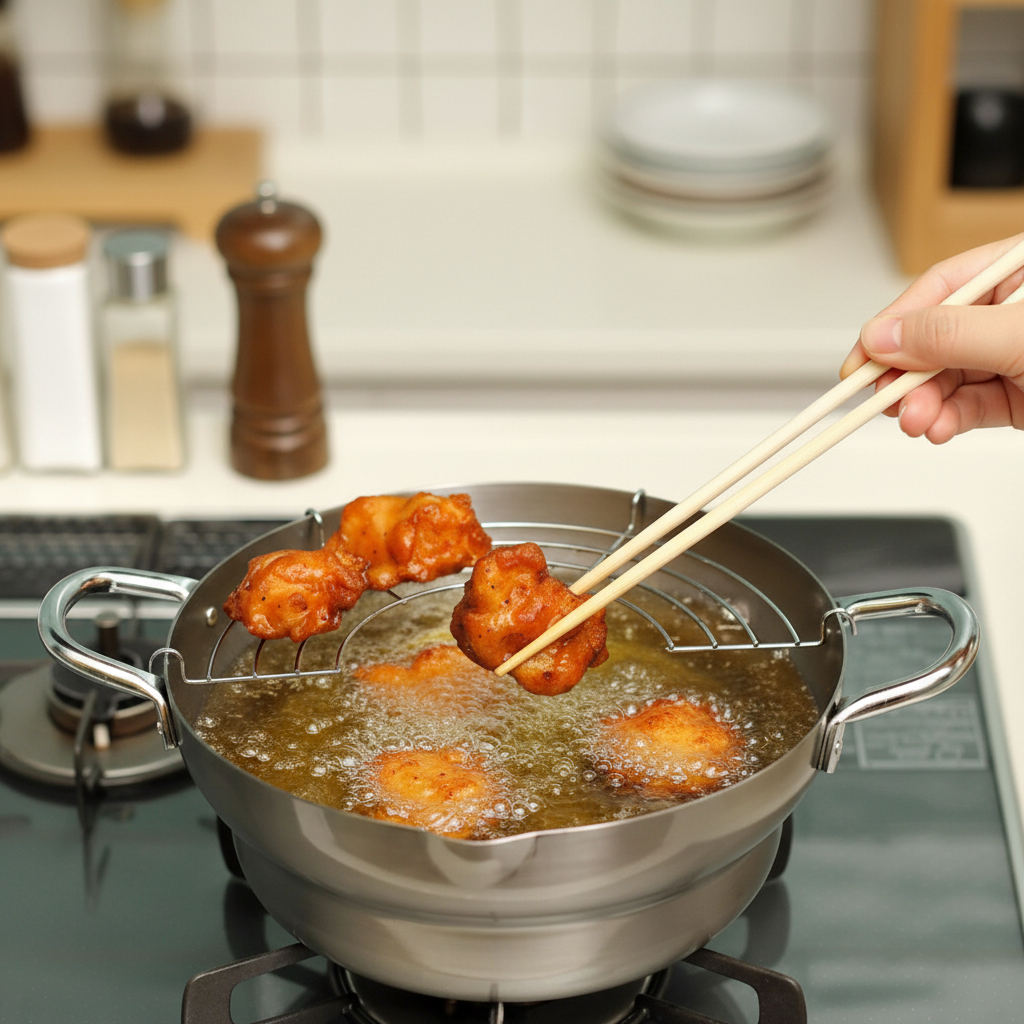 Chitose iron tempura pot with wire rack and chopsticks lifting fried food on gas stovetop
