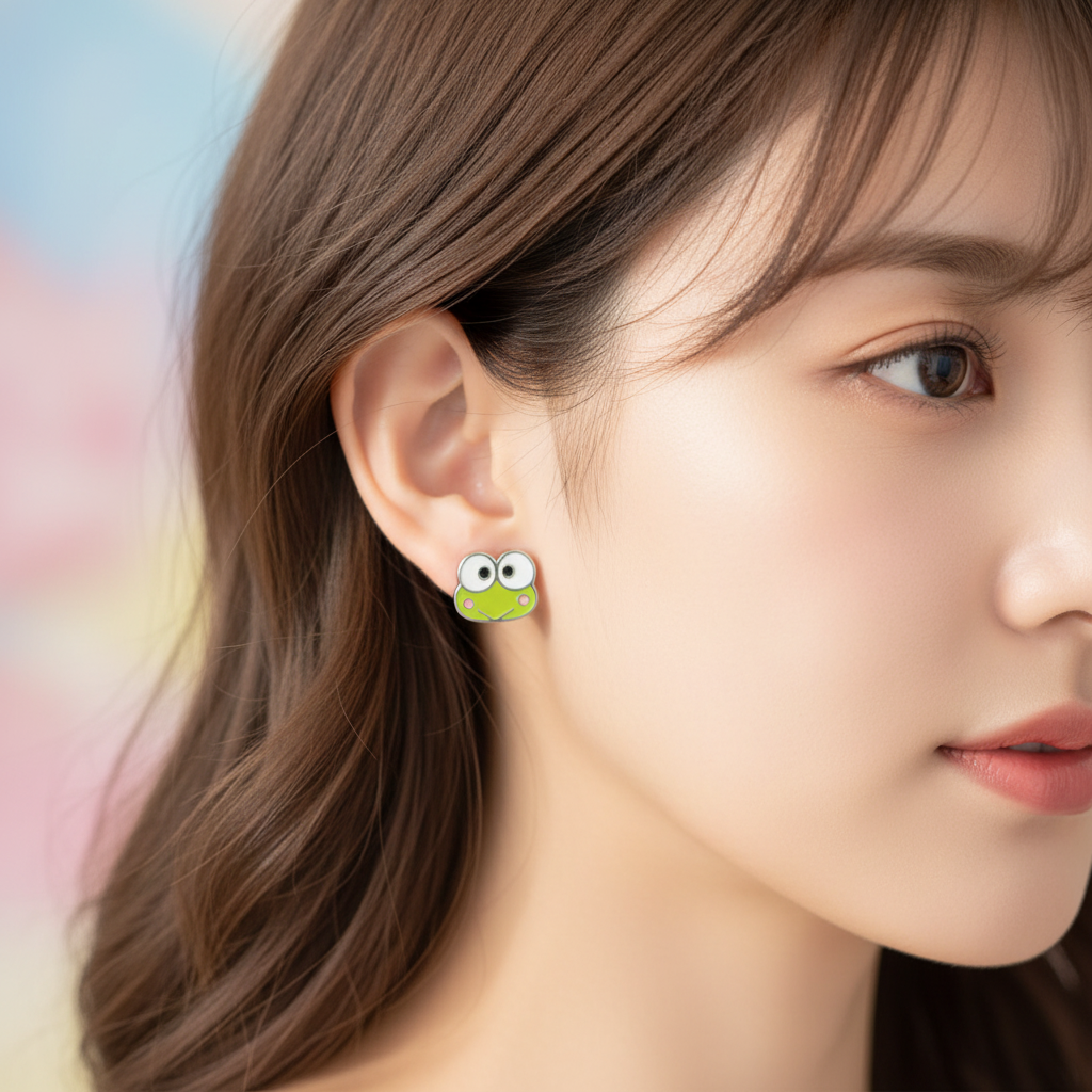 Woman wearing Keroppi frog stud earring