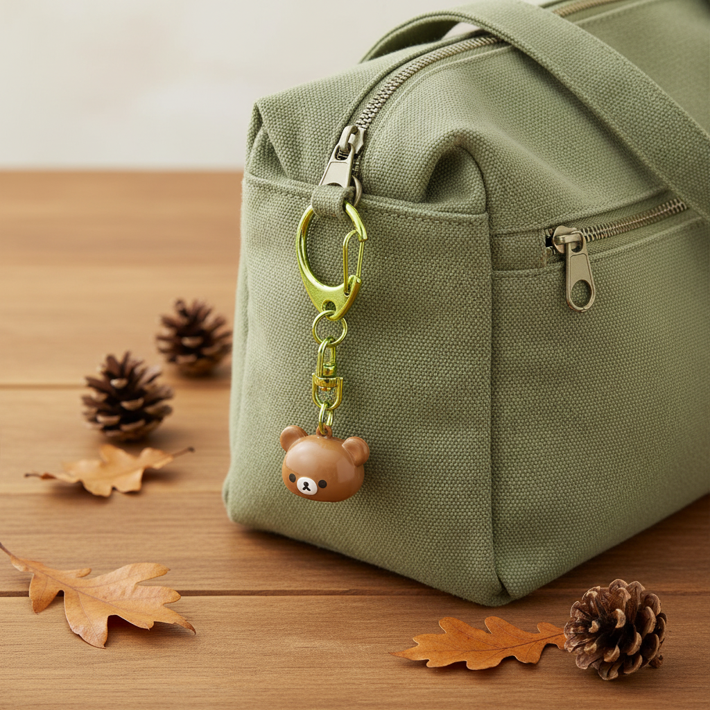 Chairoikoguma Komorebi Camp bell keychain clipped onto a sage green tote bag with autumn leaves