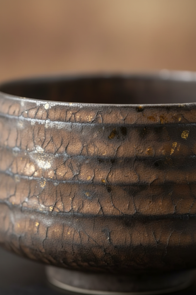 Close-up detail of Kessho crystal gold glaze on ceramic bowl