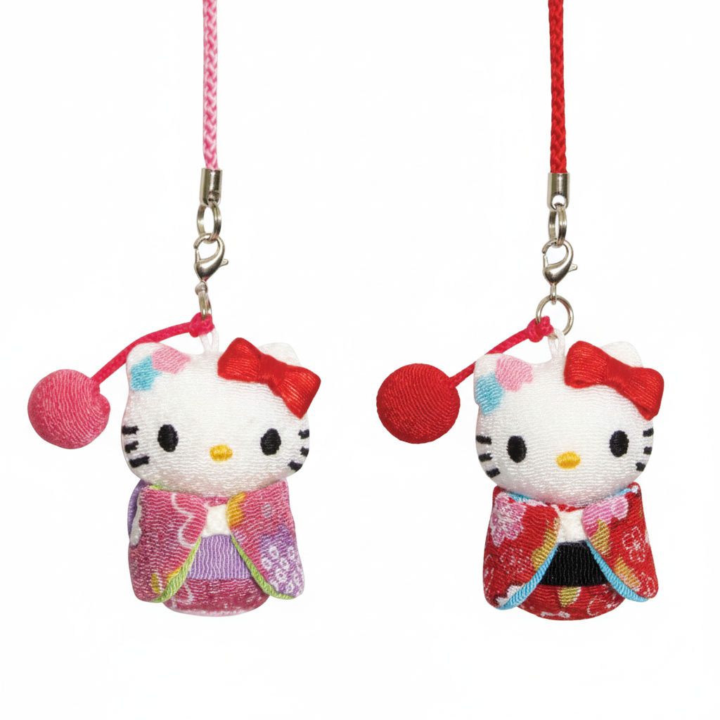 Sanrio Hello Kitty Japanese Doll Chirimen Netsuke Keychain (Crepe Pattern / Hand Drum)