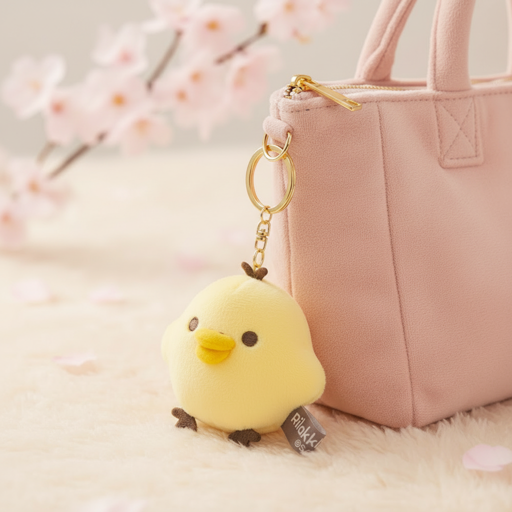 Kiiroitori keychain charm clipped onto a pastel pink tote bag with cherry blossom petals