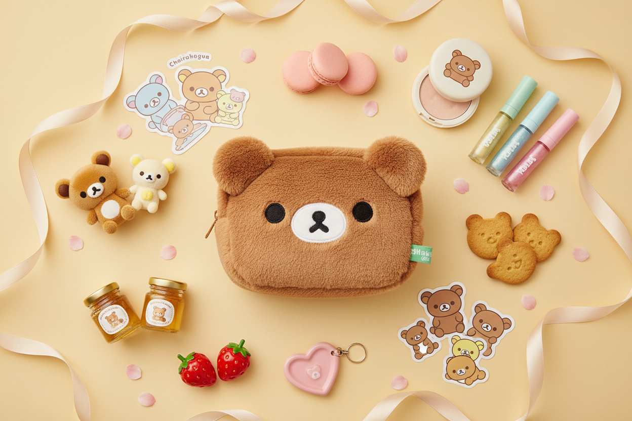 Chairoikoguma plush case flat lay with Rilakkuma characters and sweet accessories