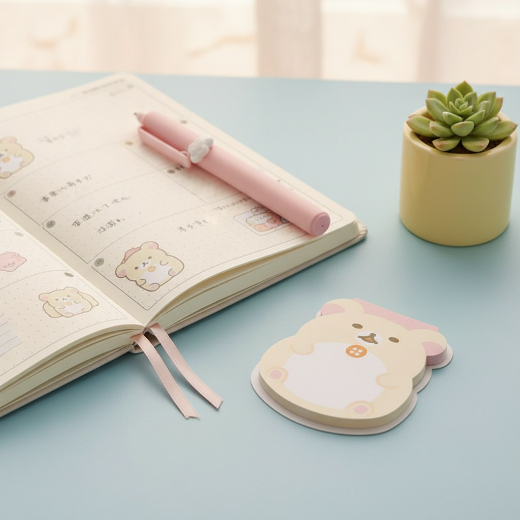 Korilakkuma Chubby Sticky Notes on pastel desk with open planner and succulent, no packaging