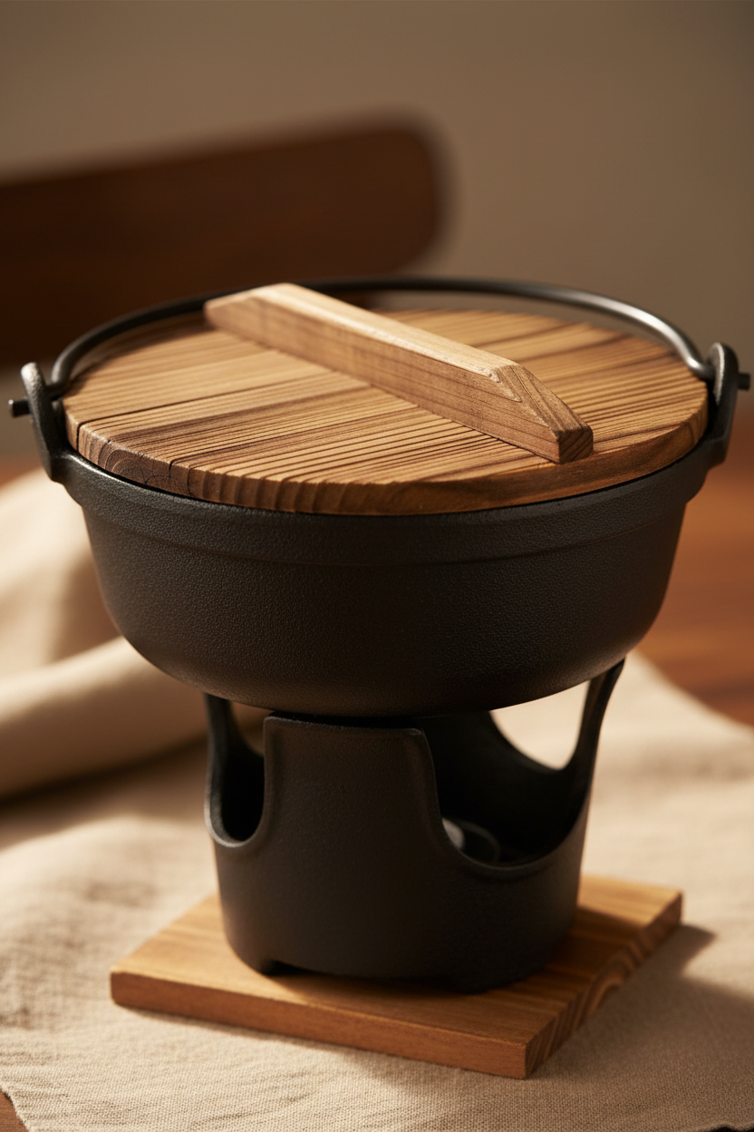 Close-up detail of cast iron and wooden lid craftsmanship