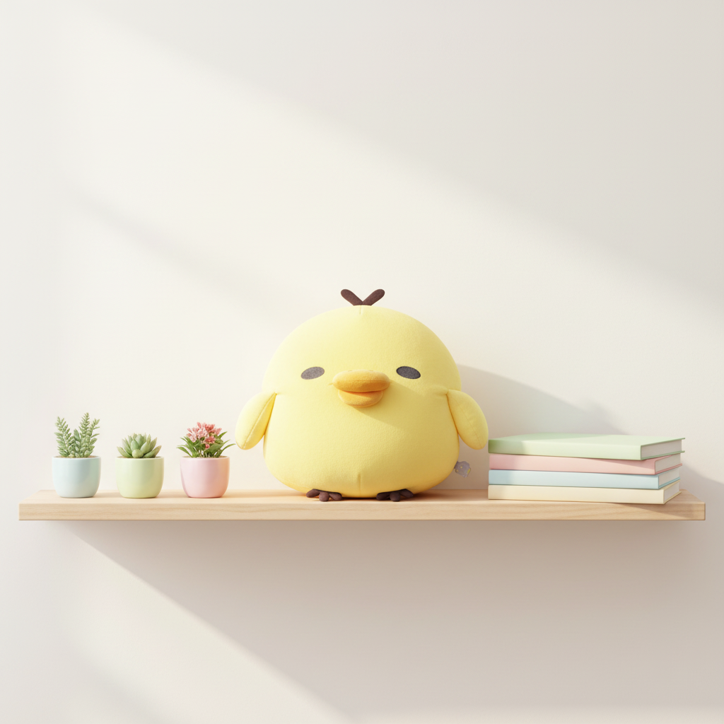 Kiiroitori Super Mochimochi Pillow sitting on wooden shelf with small potted plants and pastel books