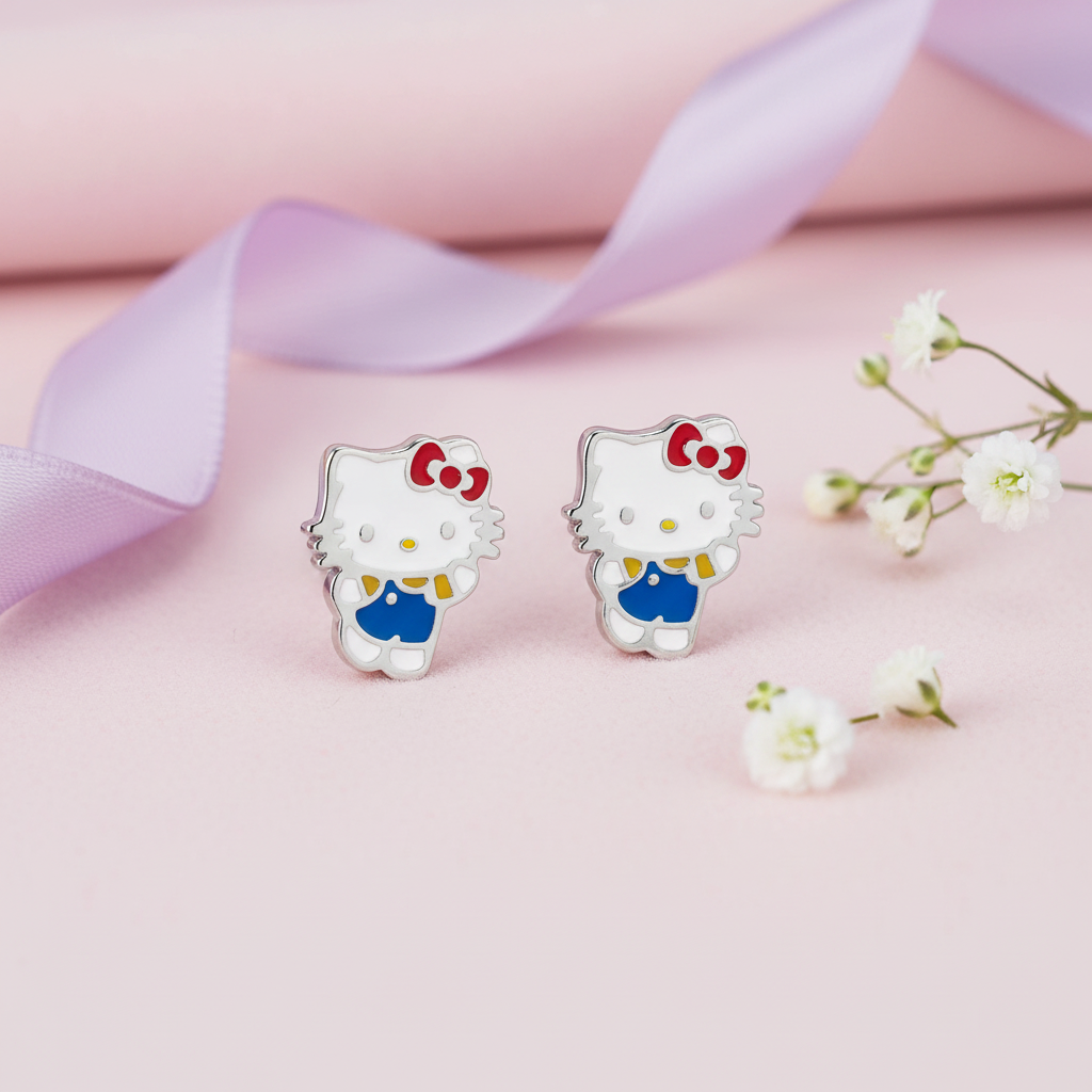 Hello Kitty stud earrings with cherry blossoms, kawaii lifestyle