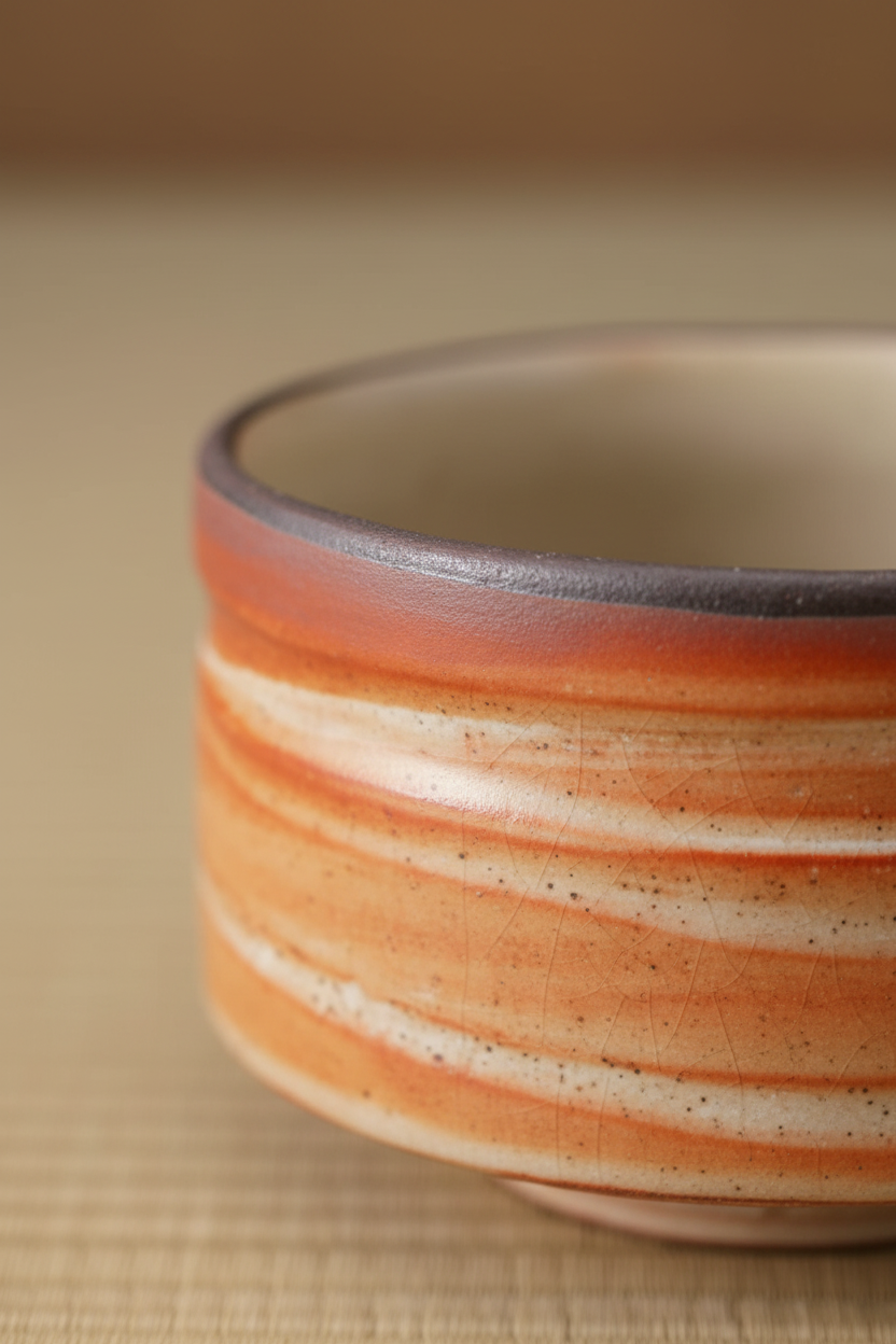 Close-up detail of Akashino warm orange glaze on ceramic bowl