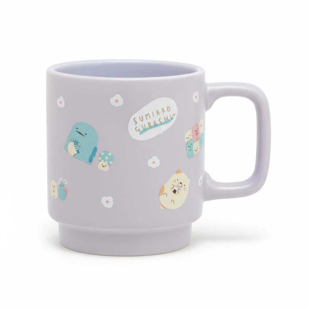 Sumikko Gurashi purple flower mug professional product photo on white background