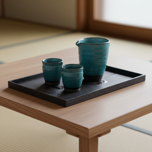 Kobiki blue ceramic cold sake set on dark Japanese wooden tray with soft natural lighting