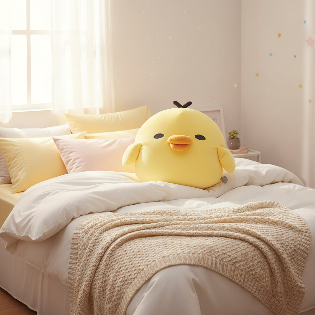 Kiiroitori Super Mochimochi Pillow sitting on cosy bed with pastel yellow bedding and knitted throw