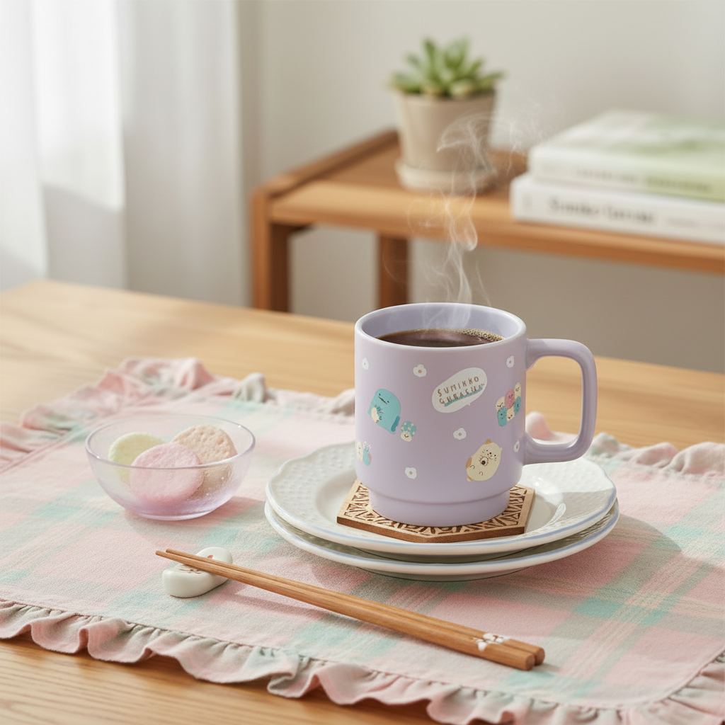 Sumikko Gurashi Purple Flower Stackable Mug cozy scene