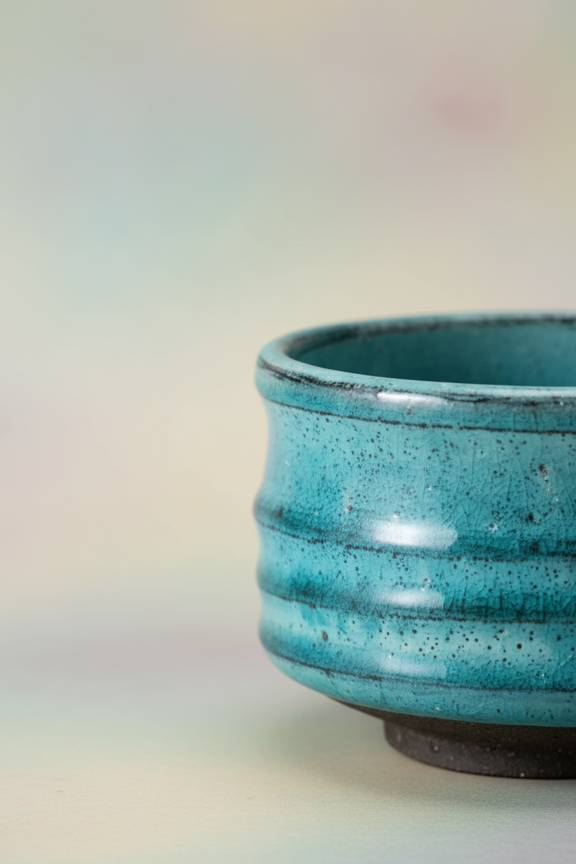 Close-up detail of earthen blue ceramic glaze texture