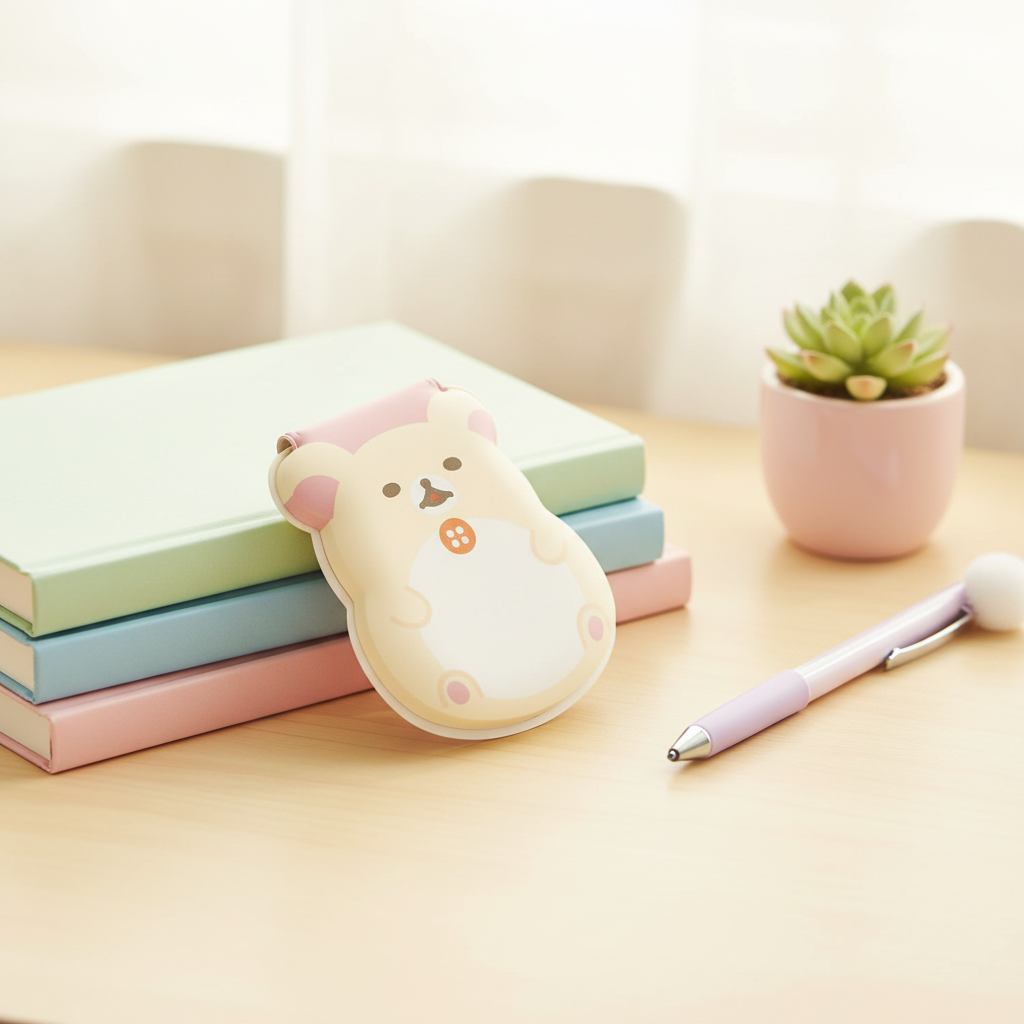 Korilakkuma Chubby Sticky Notes leaning against pastel book stack on pastel desk
