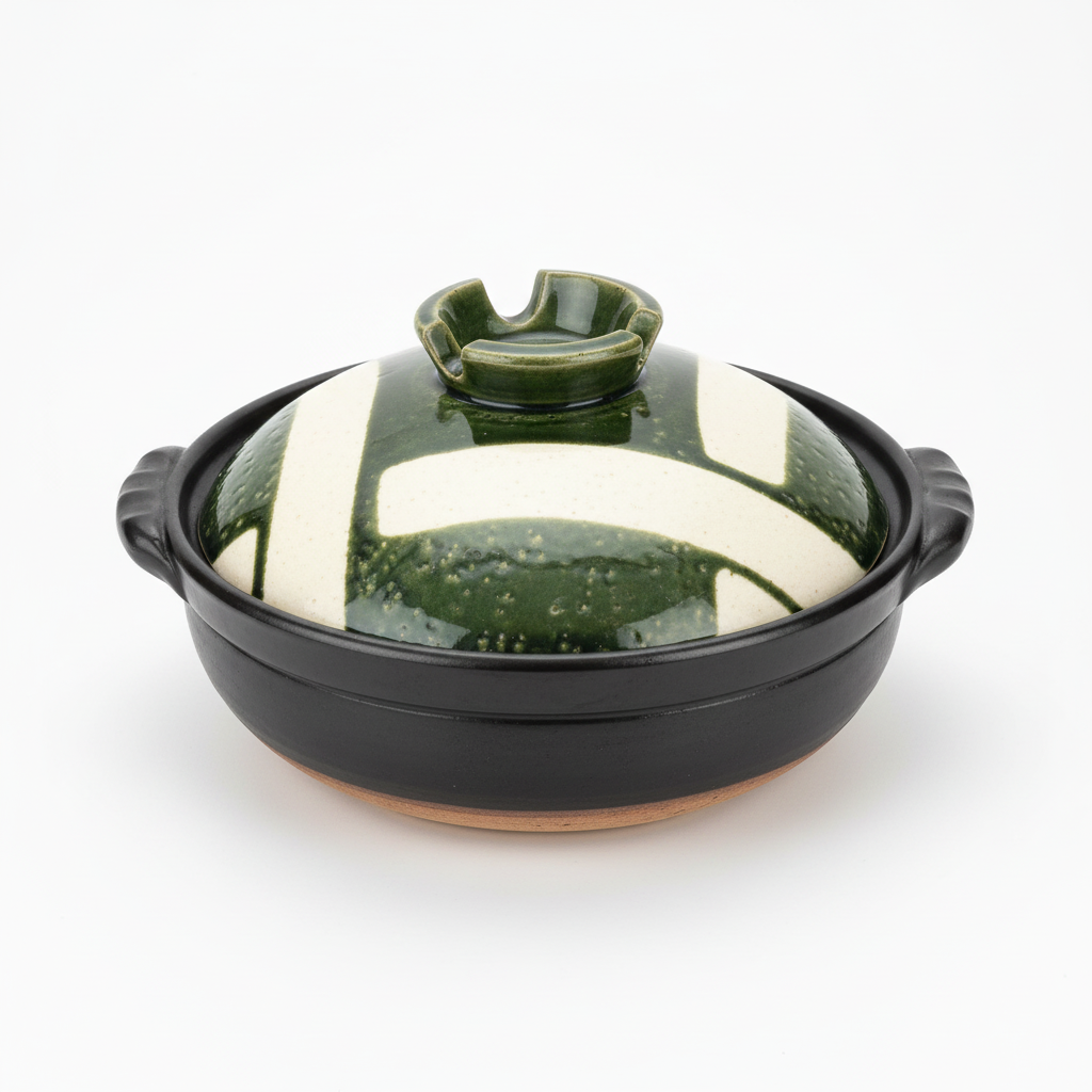 Banko Yaki Oribe Koushi donabe white background clean product photo