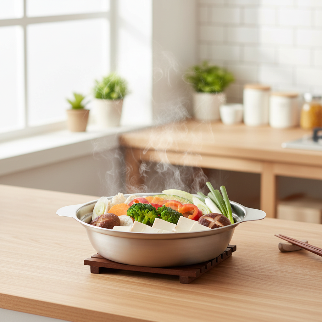 TAKUMIYA open pot with steaming vegetables on kitchen countertop