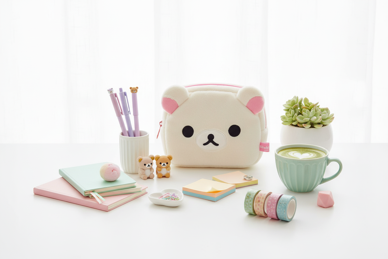 Korilakkuma plush multi case on white desk with pastel kawaii stationery