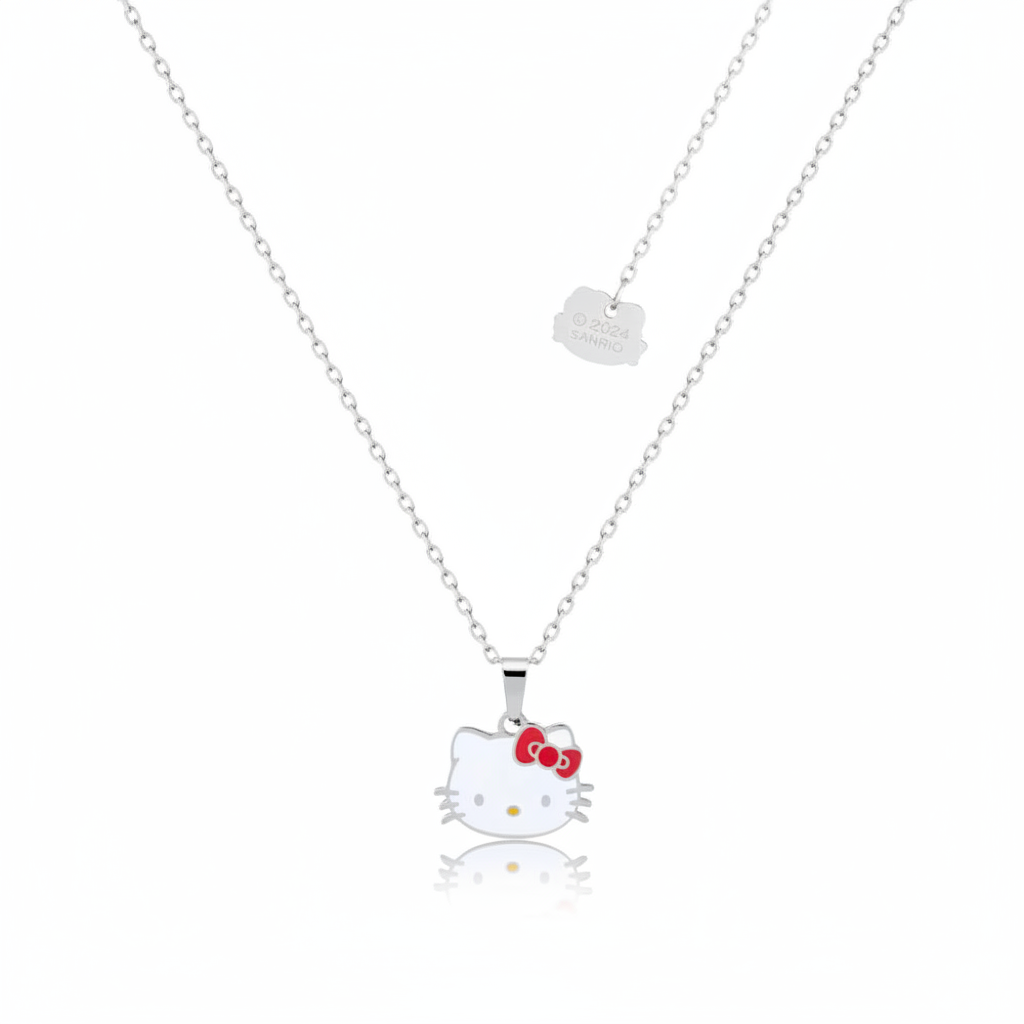 Silver Hello Kitty face pendant necklace on white background