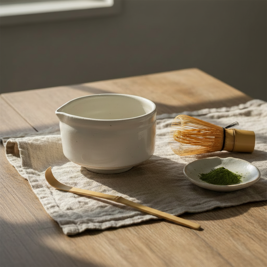 Matcha Bowl with Side Spout – lifestyle shot with bamboo whisk and matcha on linen