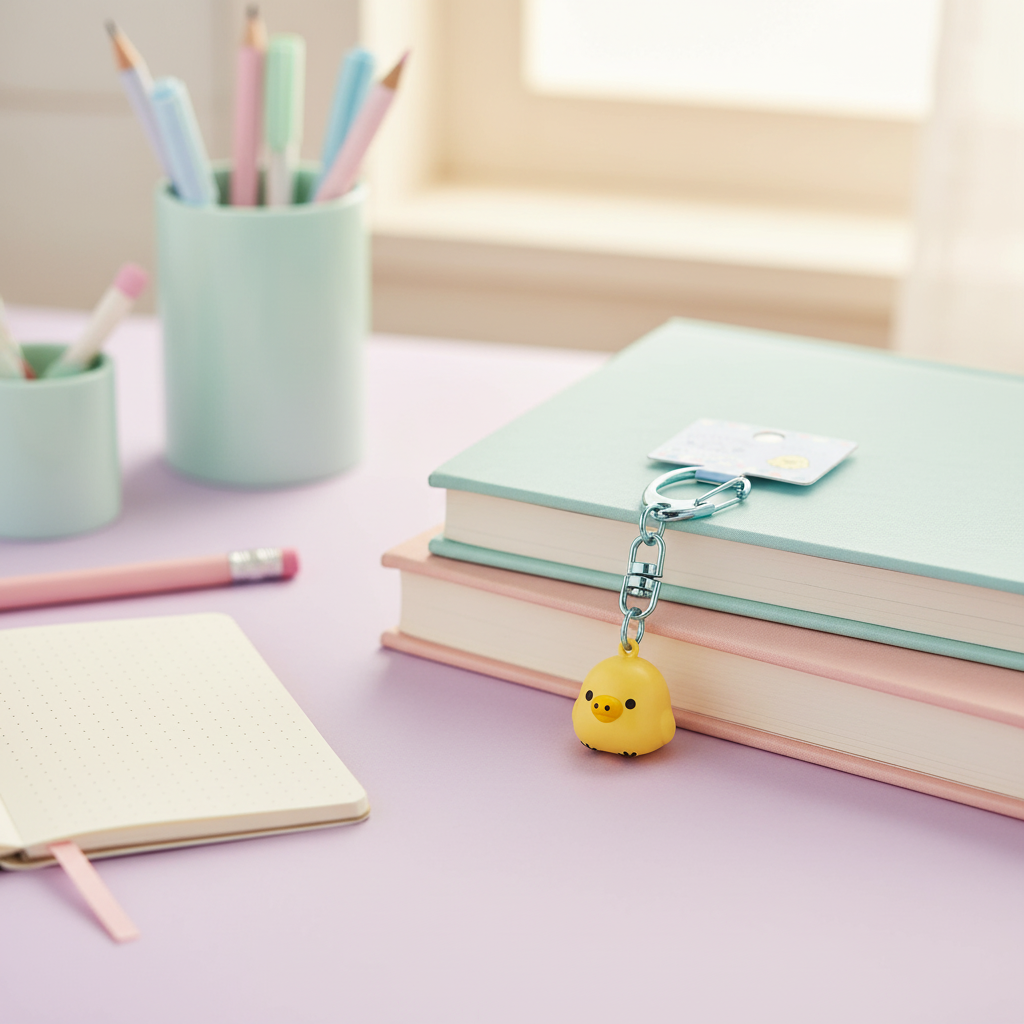 Kiiroitori Komorebi Camp bell keychain resting on a stack of pastel books on a kawaii desk scene