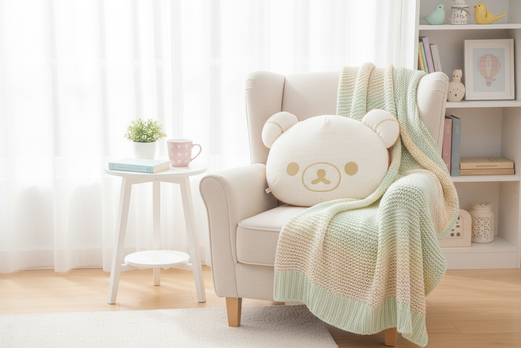 Rilakkuma Lovely Home cushion lifestyle on cozy sofa