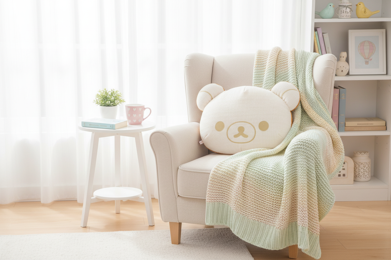 Rilakkuma Lovely Home cushion lifestyle on cozy sofa