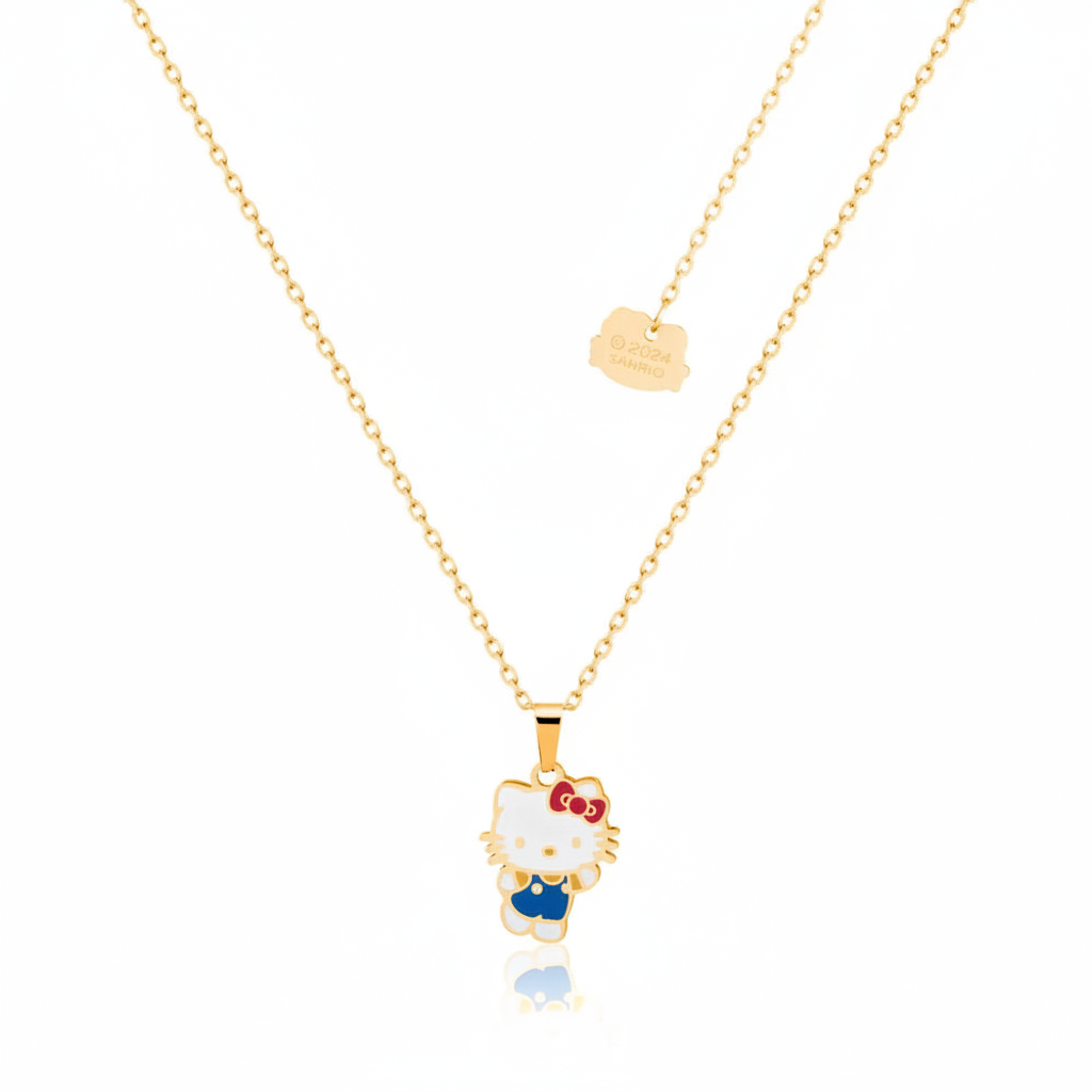 Gold Hello Kitty full body pendant necklace on white background
